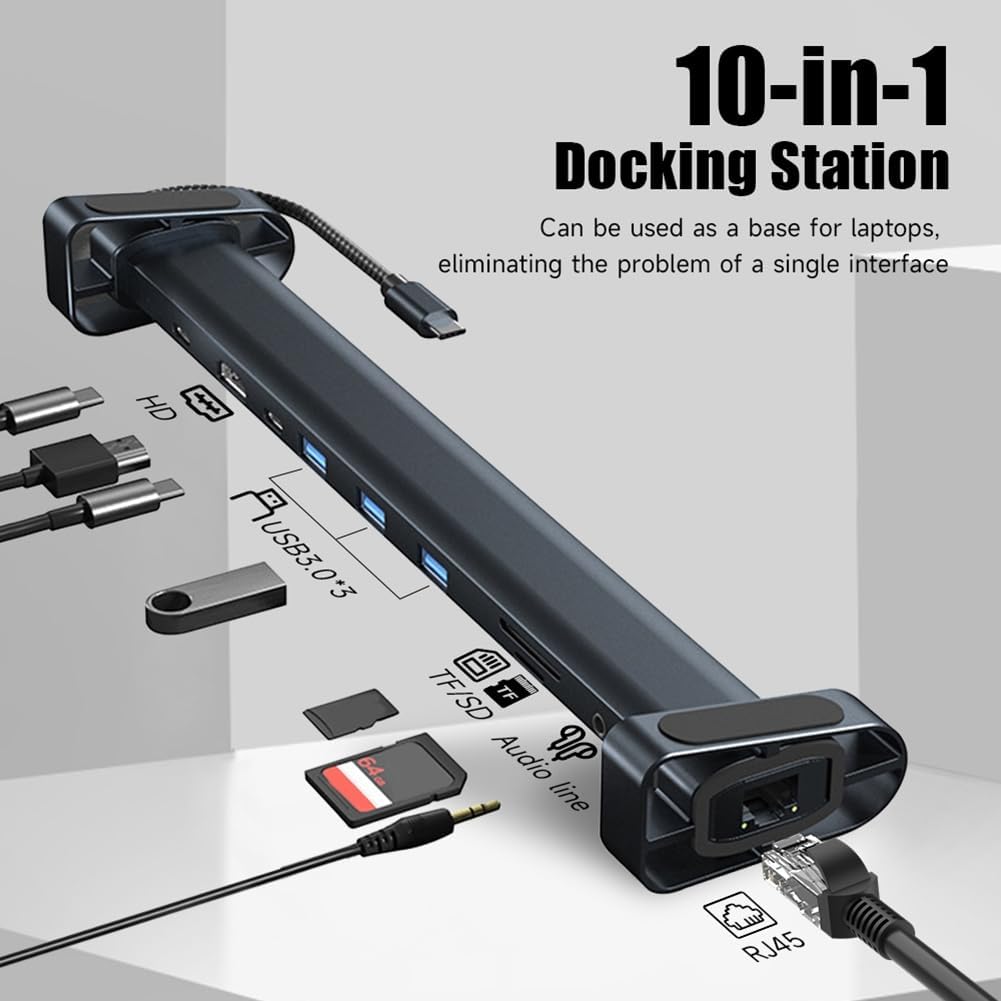 Hub USB-C 10-en-1 puissant avec HDMI 4K, Ethernet Gigabit, PD 100W, lecteurs SD/TF