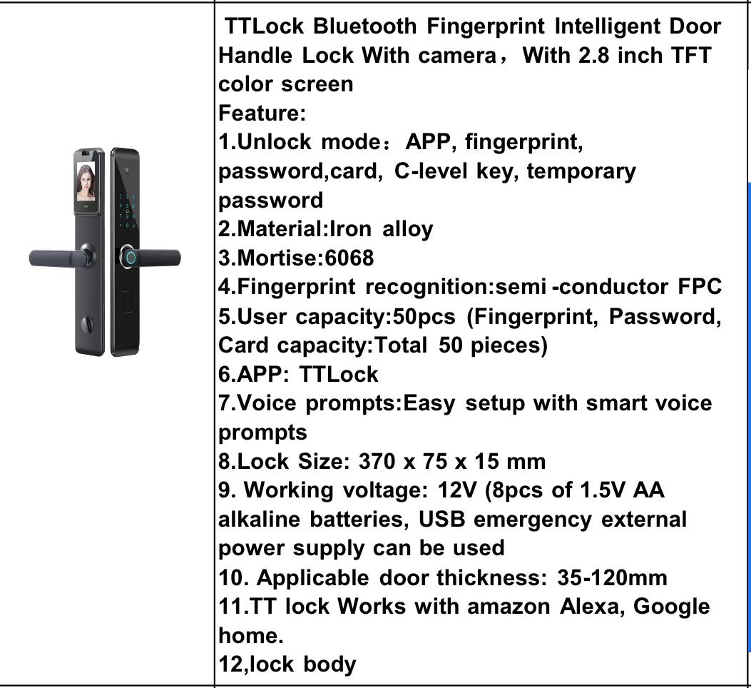 Serrure de porte intelligente Bluetooth avec caméra et poignée mot de passe par empreinte digitale