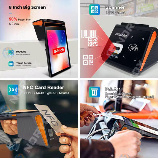 Terminal POS Portable Android avec imprimante 80mm intégrée et lecteur de codes-barres