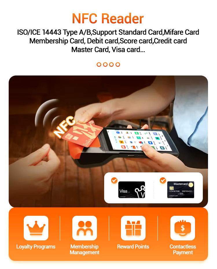 PDA Caisse enregistreuse tactile PDA Android 14 avec NFC, 3Go RAM DDR4, imprimante thermique. Idéale pour les commerces