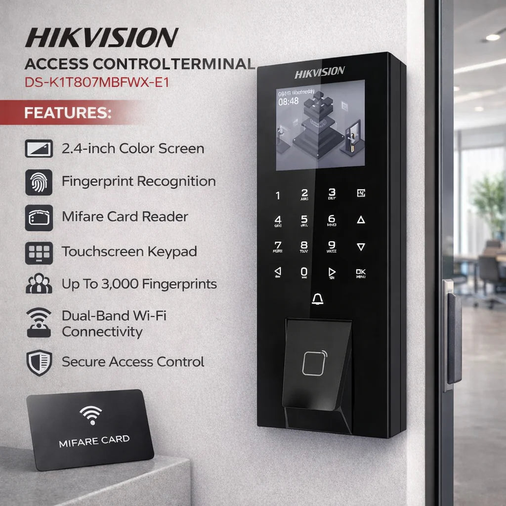 Pointeuse : Terminal de contrôle d'accès présence Hikvision avec Empreinte carte MF PoE DS-K1T807MBFWX-E1