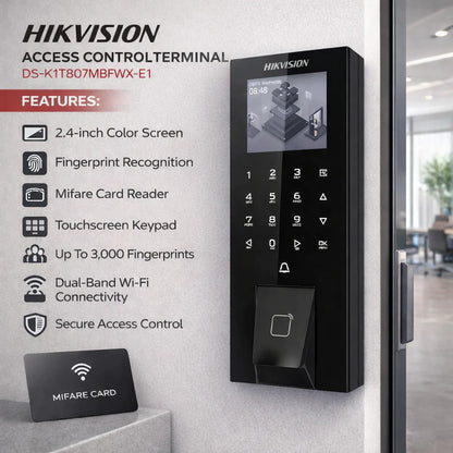 Pointeuse : Terminal de contrôle d'accès présence Hikvision avec Empreinte carte MF PoE DS-K1T807MBFWX-E1