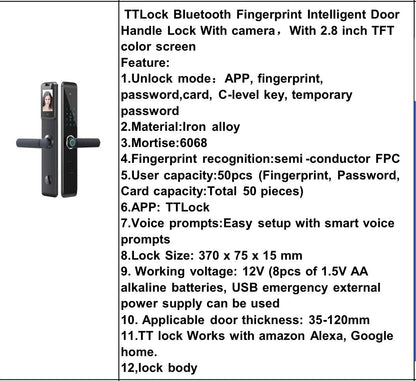 Serrure de porte intelligente Bluetooth avec caméra et poignée mot de passe par empreinte digitale