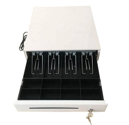 Tiroir-Caisse blanc Robuste et Sécurisé, avec 4 emplacements billets et 8 emplacements pièces | pickandpay.sn