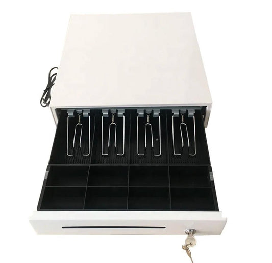 Tiroir-Caisse blanc Robuste et Sécurisé, avec 4 emplacements billets et 8 emplacements pièces | pickandpay.sn