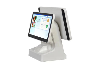 Caisse enregistreuse tactile double écran avec Core i5, 8Go RAM, SSD 128Go, imprimante 80mm, Windows 10. Idéal pour commerces et restaurants.