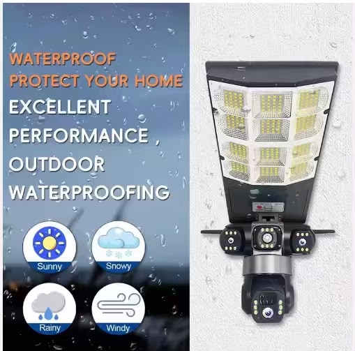 Caméra LD002-G 4G, Lampe Projecteur Solaire LED d'Extérieur avec 3 Caméra de Sécurité 360 Degrés 4G pour Extérieur