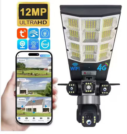 Caméra LD002-G Wifi, Lampe Projecteur Solaire LED d'Extérieur avec 3 Caméra de Sécurité 360 Degrés 4G pour Extérieur