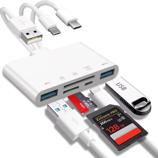 Lecteur de cartes SD 5 en 1 – Adaptateur multiport Lightning, USB-C et USB-A pour iPhone, iPad, Android et ordinateur portable