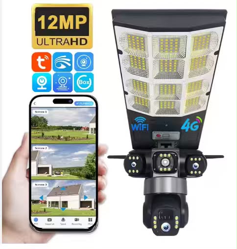 Caméra LD002-G 4G, Lampe Projecteur Solaire LED d'Extérieur avec 3 Caméra de Sécurité 360 Degrés 4G pour Extérieur