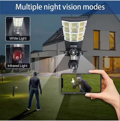 Caméra LD002-G 4G, Lampe Projecteur Solaire LED d'Extérieur avec 3 Caméra de Sécurité 360 Degrés 4G pour Extérieur