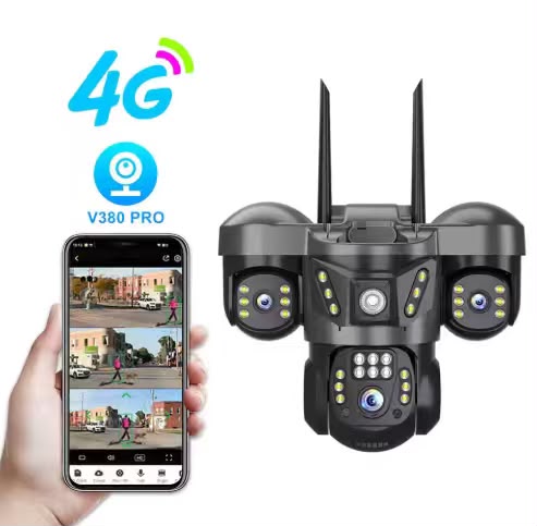 Caméra solaire 4G 12MP 6K, avec carte Sim, trois objectifs, trois écrans, Vision nocturne, Protection de sécurité, vidéo PTZ, batterie