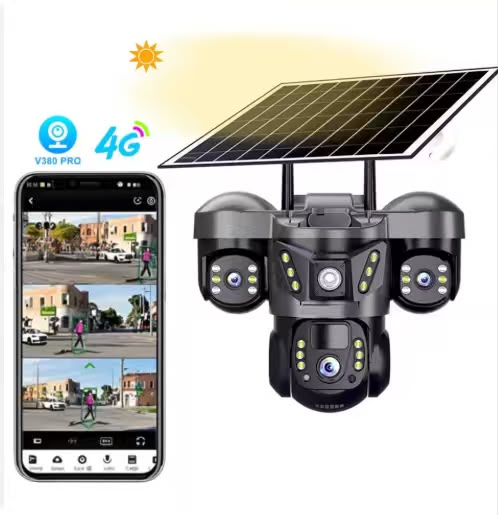 Caméra solaire 4G 12MP 6K, avec carte Sim, trois objectifs, trois écrans, Vision nocturne, Protection de sécurité, vidéo PTZ, batterie